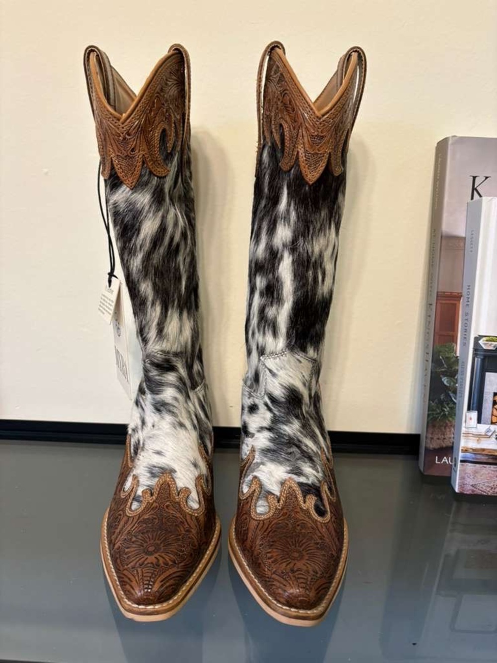 Myra Bag Brown Leather & Black-White Haircalf Cowboy Boots